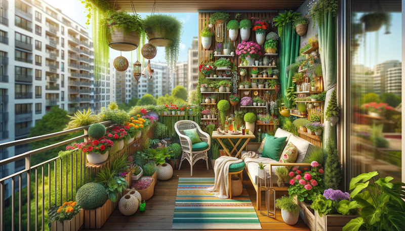 A beautifully transformed urban balcony garden, featuring lush greenery, a variety of plants, and cozy decorative elements